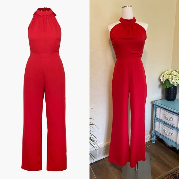 NWT Adelyn Rae Vena Crepe Halter Jumpsuit, Wide Leg, High Waisted, Open Back - Picture 4 of 6